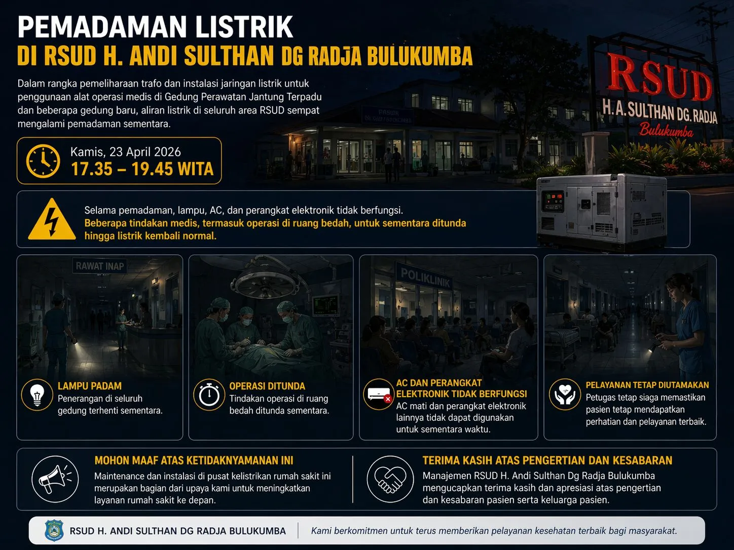 Listrik RSUD Bulukumba Mati, Manajemen Pastikan Pasien Aman